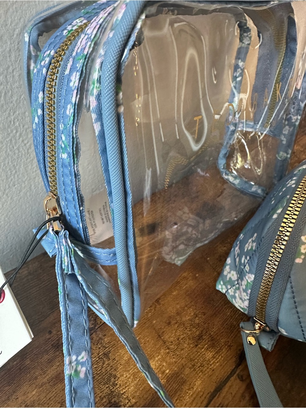 Ted Baker 3 Piece Blue Quilted Floral & Clear Cosmetic Bag Pouches NWT - Picture 7 of 8